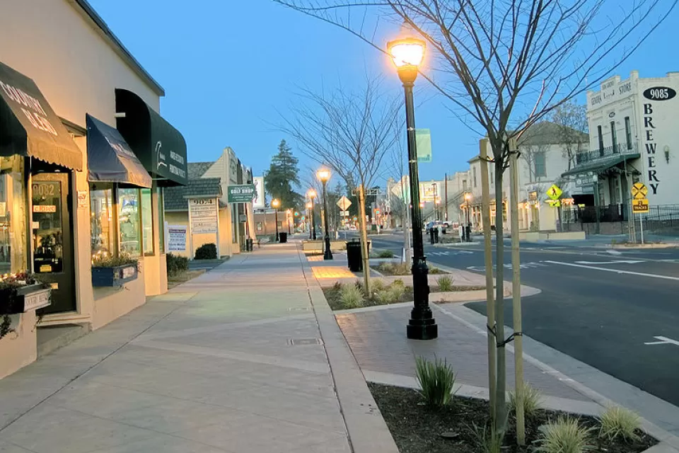 low scale mercantile buildings along central street in old town Elk Grove, CA
